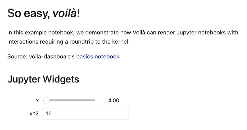 Simple interactive Voilà app displaying a slider for variable x and its squared value